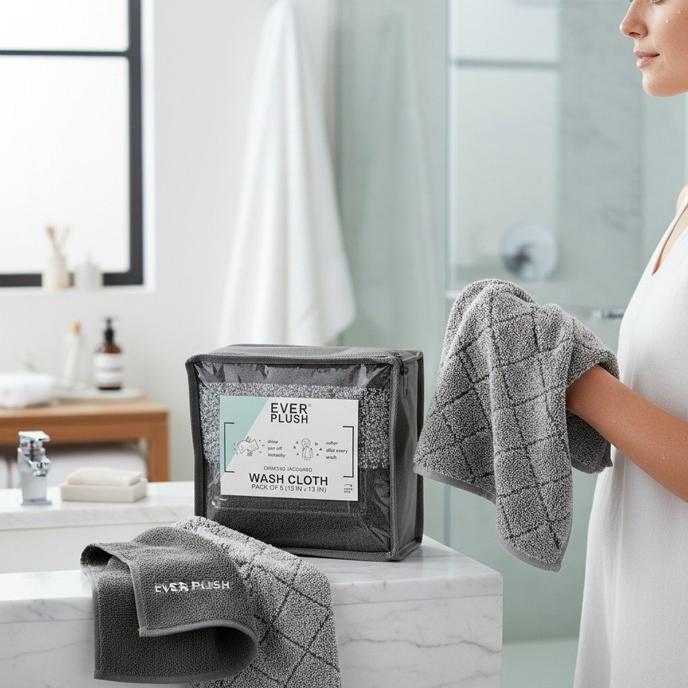Everplush Washcloths Set of 6 Grey 13x13 Diamond Jacquard Quick Dry New